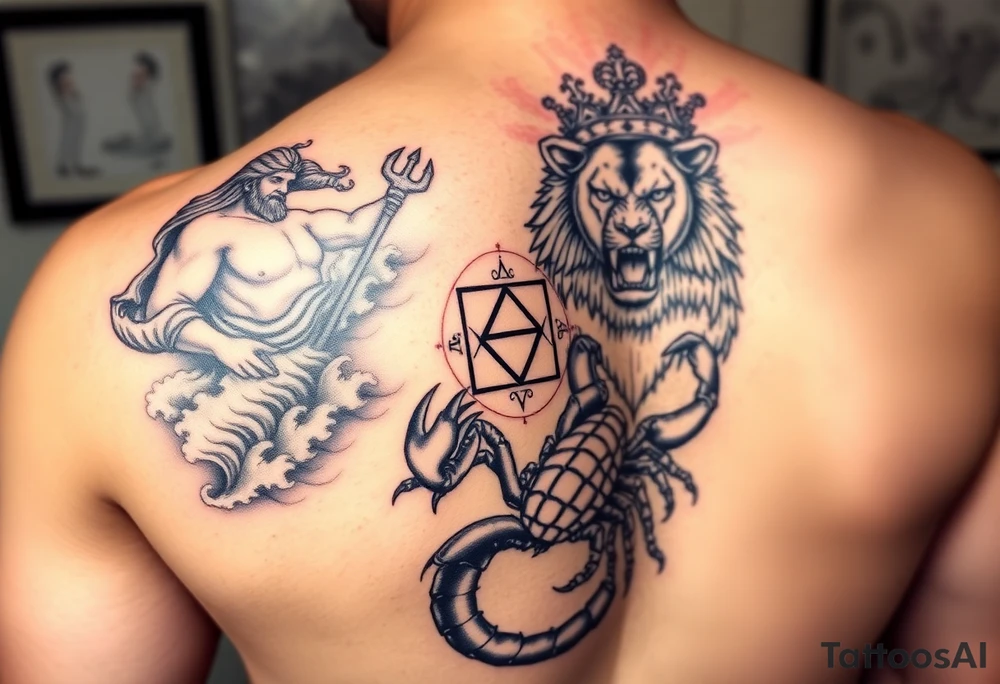 Full arm tattoo, Poseidon coming out of the water with the trident down, the statue of the goddess Themis of blind justice, a powerful and majestic lion with a crown and in the middle of this crown a square is a freemason's compass, a realistic scorpion, Japanese shadow movements of the waves, tattoo idea