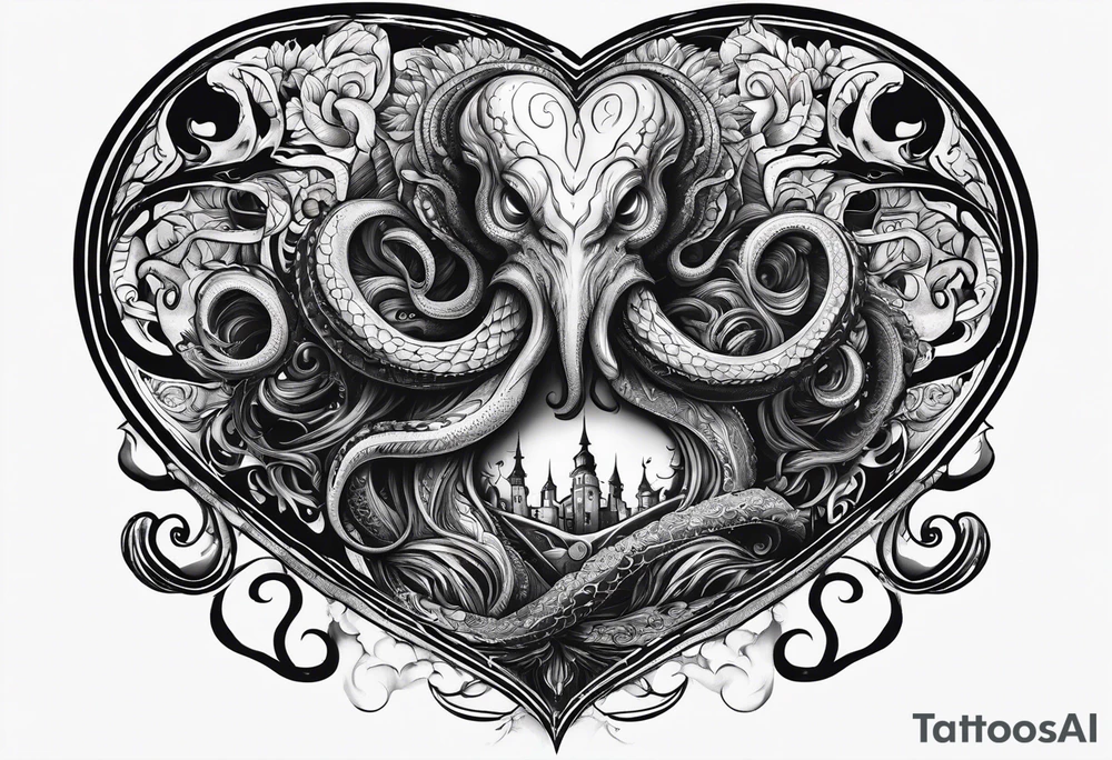 Long tattoo. Lovecraftian creature protecting a heart. tattoo idea