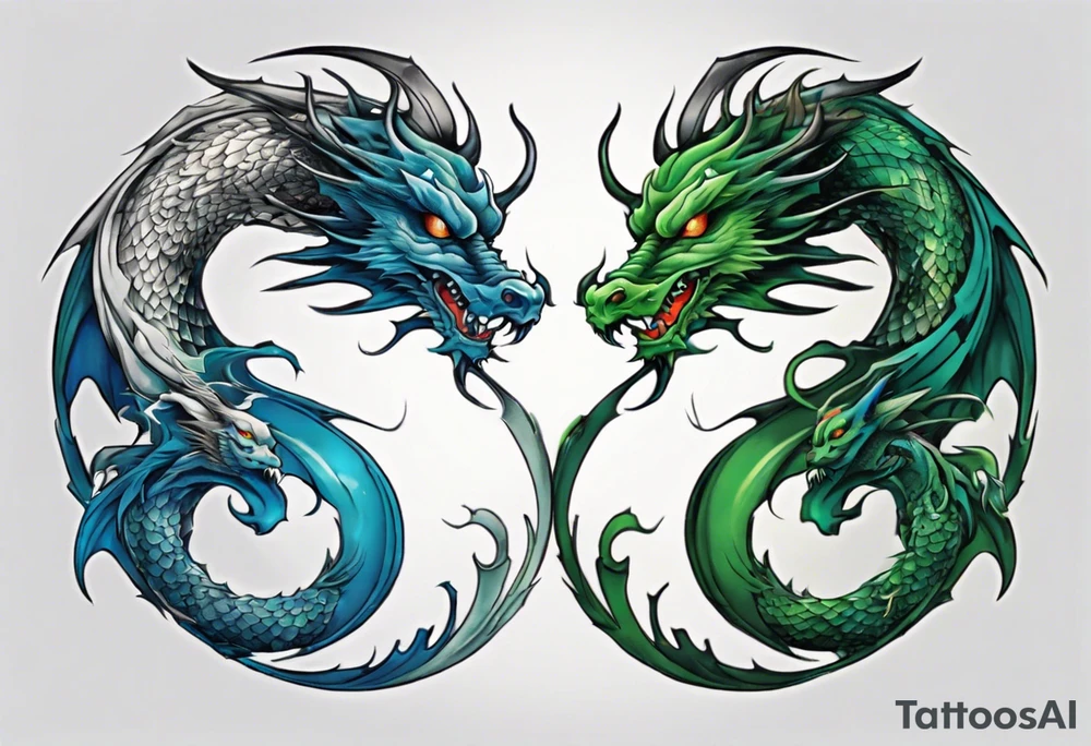 ying yang dragon half blue half green tattoo idea