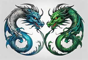 ying yang dragon half blue half green tattoo idea