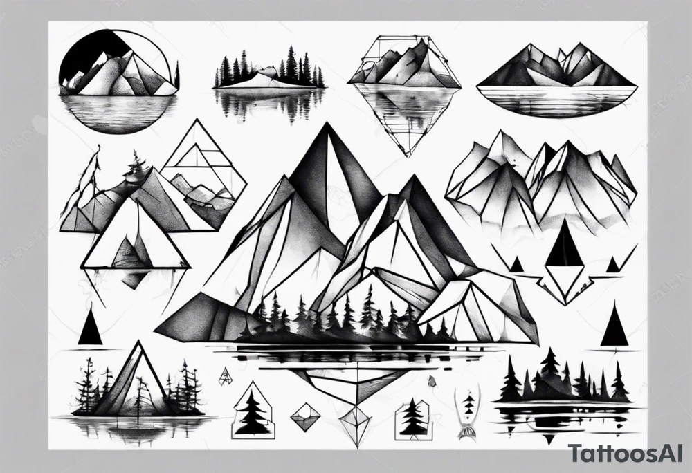 Mountain, forest and lake in a polygon tattoo idea