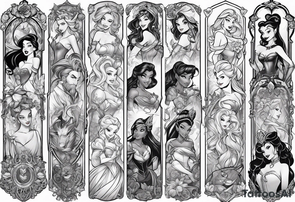 Disney princesses and Disney villains mixed together on an arm sleeve tattoo idea