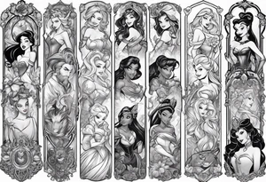 Disney princesses and Disney villains mixed together on an arm sleeve tattoo idea