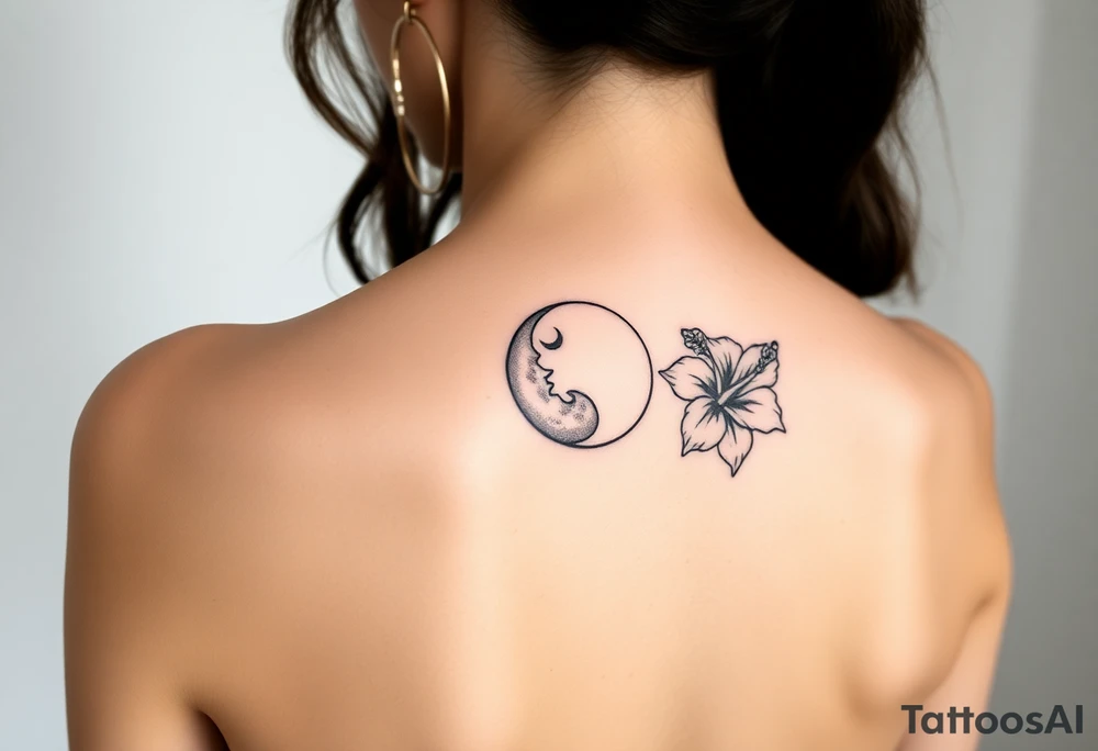 gemini with moon and hibiscus flowers tattoo idea