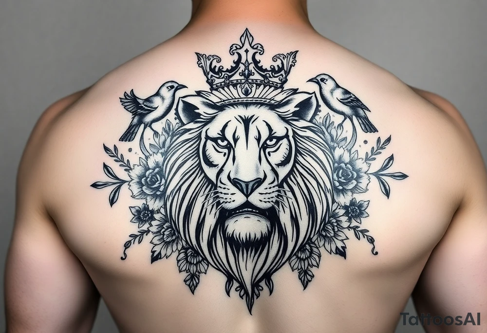 powerful majestic lion with a crown, surrounded by floral ornaments and birds tattoo idea