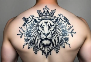 powerful majestic lion with a crown, surrounded by floral ornaments and birds tattoo idea