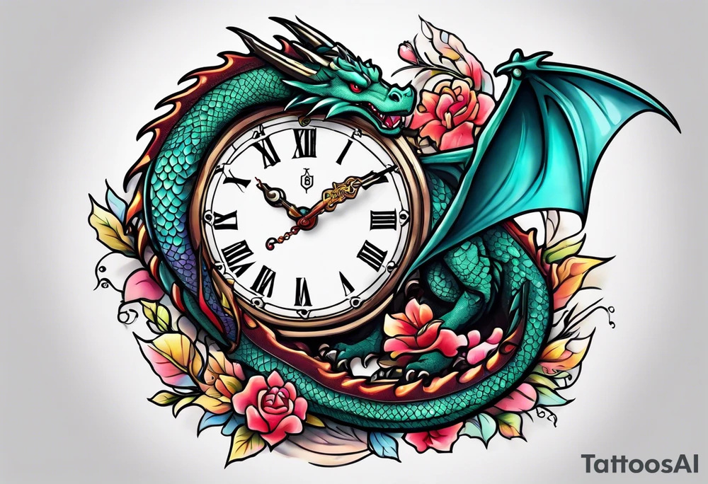 Dragon kawaii , clock, cross tattoo idea