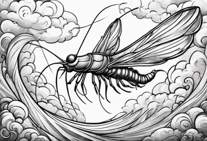 cartoon shrimp with a muscular superhero body flying through the air tattoo idea