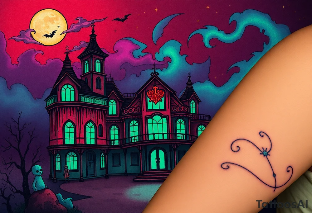 Tim Burton’s haunted casino is abandoned and dripping with muted reds, dusty pinks, and eerie green glow.purple and cyan smokey clouds swirl in the crescent moonlit sky thats sprinkled with stars tattoo idea tattoo idea