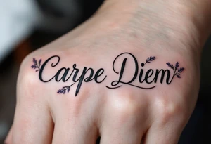 Fine-line cursive "Carpe Diem" in charcoal gray, with lavender sprigs entwined around the letters. tattoo idea