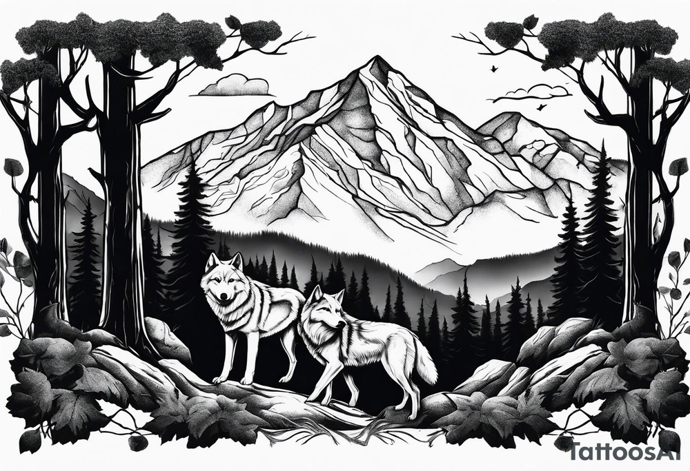 Dark forest with mountains and wolves tattoo idea