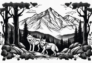 Dark forest with mountains and wolves tattoo idea