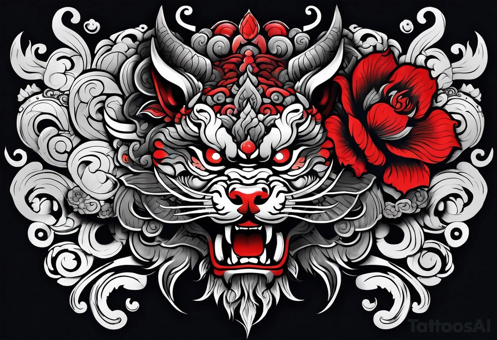 Sleeve tattoo 
Black and white, grey with red and scarlet accent. Japanese Shisa Okinawa beside Thai yak/giant and Thai naga. tattoo idea