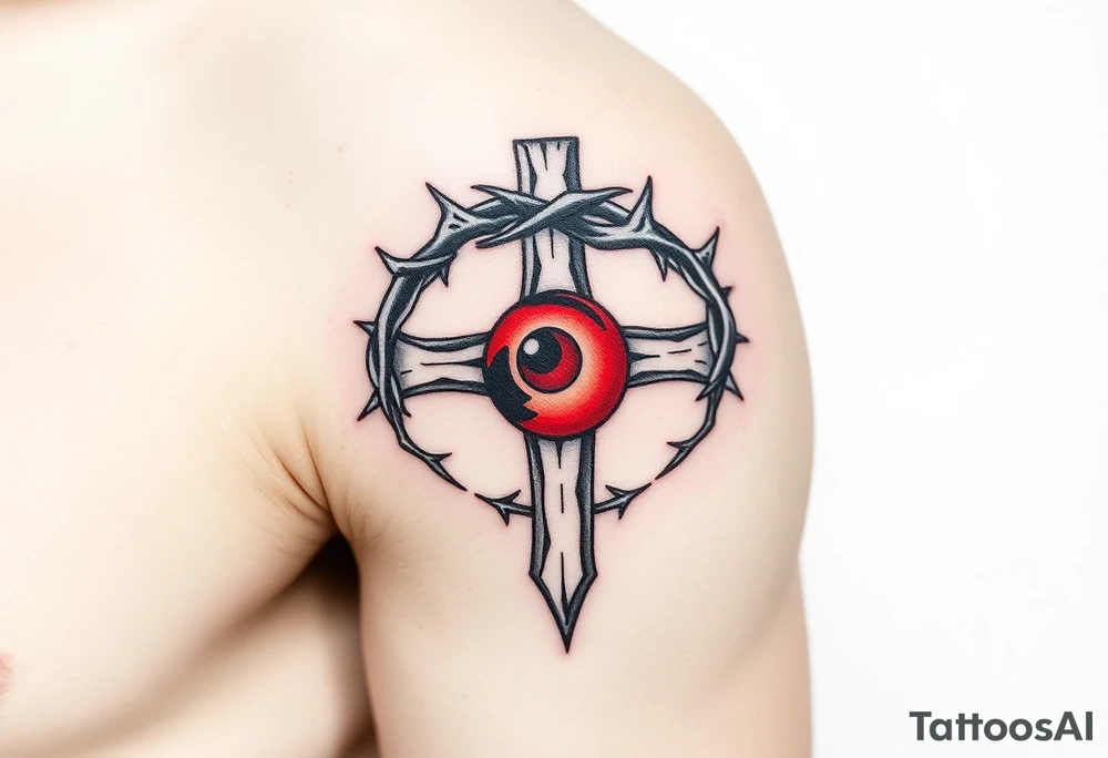 A Crown of Thorns Around a red-Eyed Cross tattoo idea