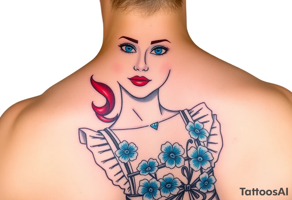 Traditional pin up girl with red hair and blue eyes and wearing a milkmaid maid style dress with blue flowers tattoo idea