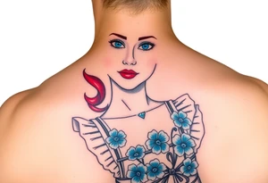 Traditional pin up girl with red hair and blue eyes and wearing a milkmaid maid style dress with blue flowers tattoo idea