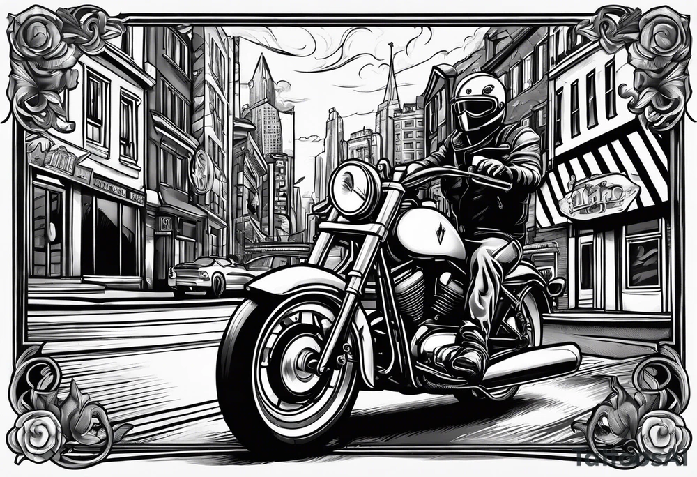 playing cards over a city with a motorcycle on the road tattoo idea