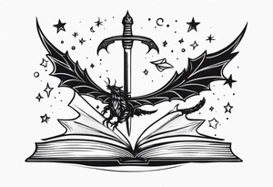 an open fantasy book. a high flying dragon. A fallen pawn piece. a cluster of lavender wrapped around a sword with a bee under book. A tiny raven. Stars and crescent moon tattoo idea