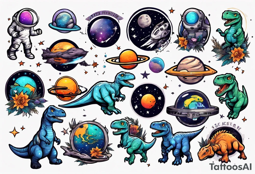 space themed with dinosaurs tattoo idea