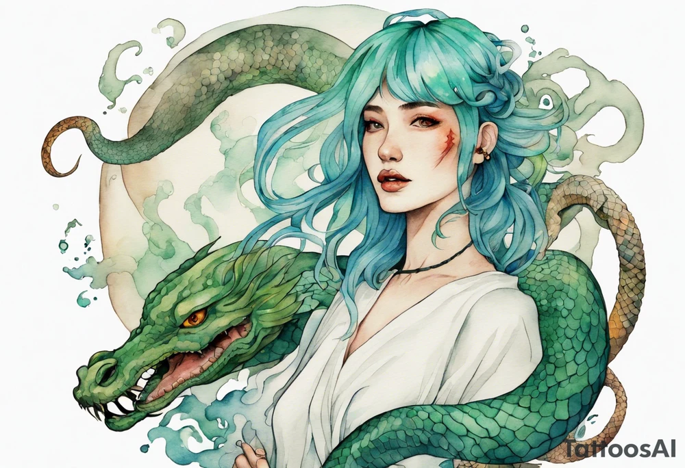 a sea serpent next to an Irish woman with blue-green hair wearing a white tunic tattoo idea