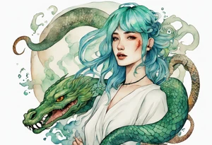 a sea serpent next to an Irish woman with blue-green hair wearing a white tunic tattoo idea