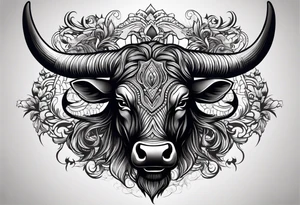 Evil, scary bull with horns surrounded my fill work for back tattoo tattoo idea