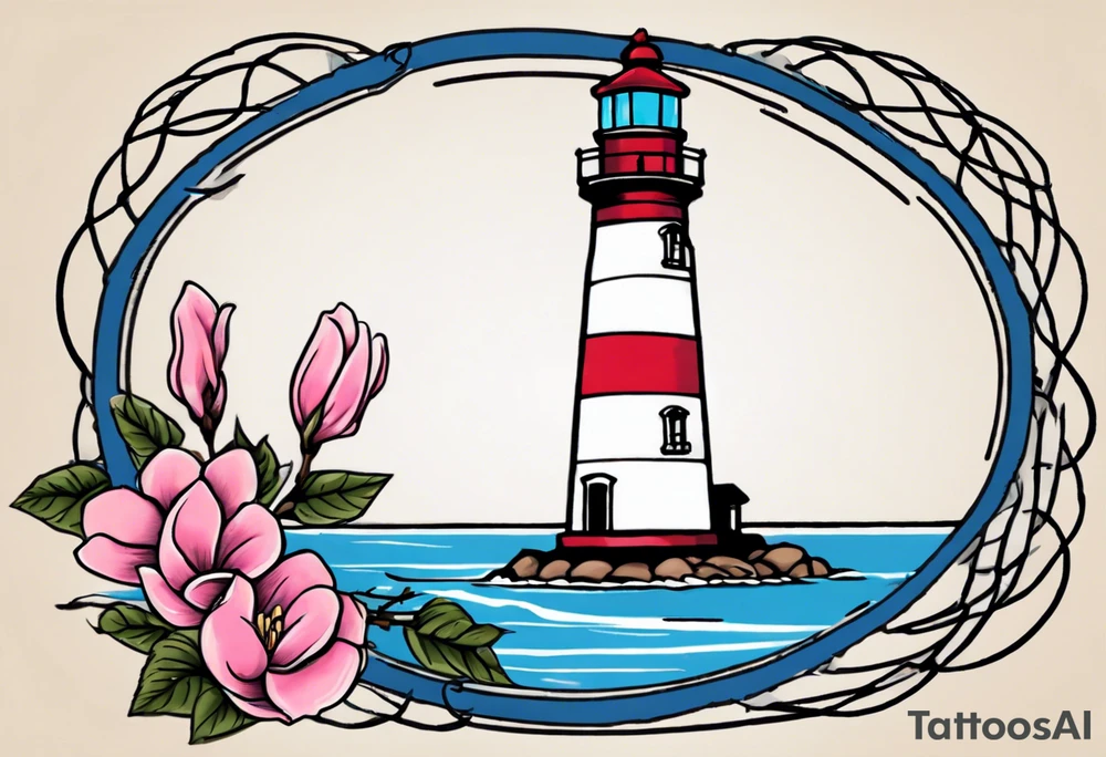 Sailor Jerry tattoo of a light house bordered by magnolia flowers and rope. Behind the light house is a periwinkle blue cancer awareness ribbon tattoo idea