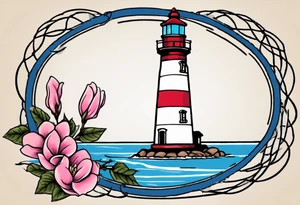 Sailor Jerry tattoo of a light house bordered by magnolia flowers and rope. Behind the light house is a periwinkle blue cancer awareness ribbon tattoo idea