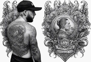 A full back piece themed on the surname mcbride. It should have a hand holding fire. It should have the text Vincit Pericula Virtus in large writing on it tattoo idea