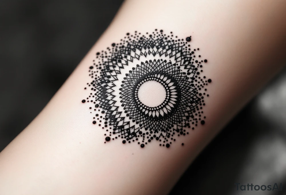 A dotwork circle in black ink fading into soft gradients of gray, forming a mandala-like texture. tattoo idea