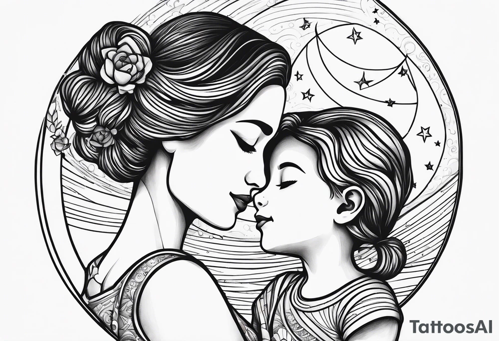 Says I love you to the moon and back mum, with detailed picture of a mother and daughter on a moon hugging tattoo idea