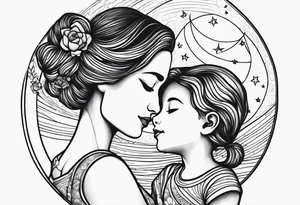 Says I love you to the moon and back mum, with detailed picture of a mother and daughter on a moon hugging tattoo idea