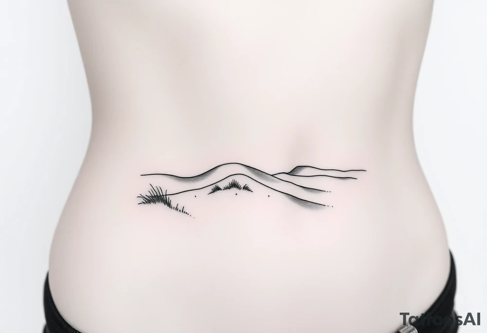 Landscape of sand dune and peasible sea (like in the north of France) in a minimalist style tattoo idea