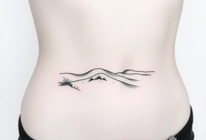 Landscape of sand dune and peasible sea (like in the north of France) in a minimalist style tattoo idea