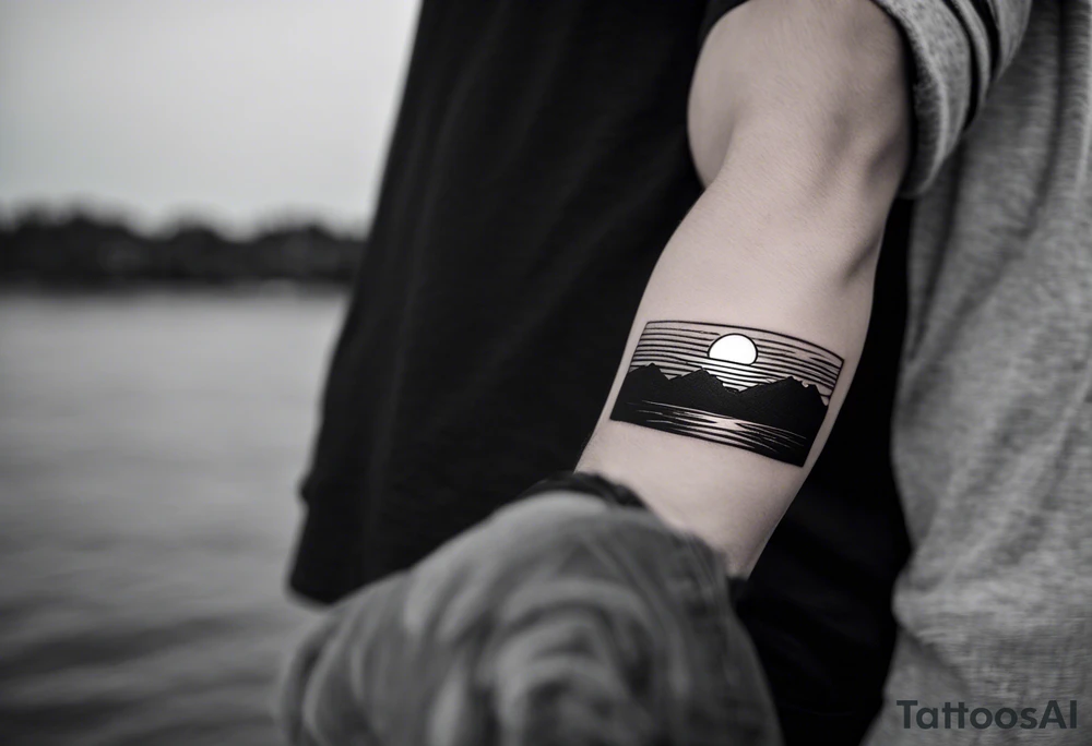 Minimalistic, small, black and white tattoo on male forearm. From the perspective of being on the ocean, the water is calm, with no waves in sight, the sun is setting behind the ocean, reflecting light onto the water. The tattoo in the shape of a rectangle, 4 inches wide by 2 inches tall. tattoo idea