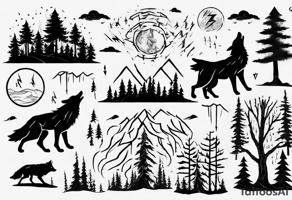 a thunder and lightning storm over a forest with a distant wolf howling and a drum circle tattoo idea a thunder and lightning storm over a forest with a distant wolf howling and a drum circle tattoo idea