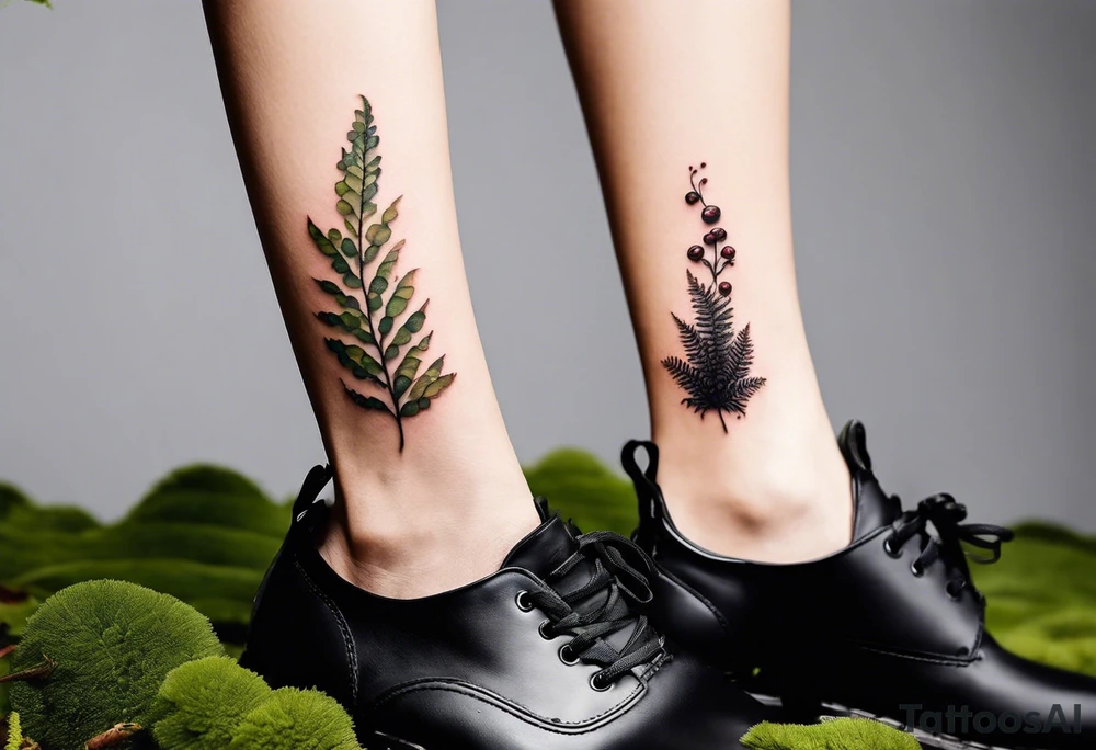 minimalistic forest floor inspired tattoo, which includes grass, moss, curly ferns and dead leaves as the bulk of the tattoo. details to include: forest berries, couple of very small brown mushrooms, a tiny bumblebee flying nearby tattoo idea