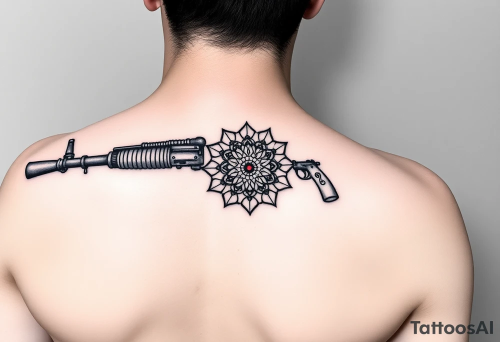 "Black linework tattoo merging two elements:
1. HISTORICAL: Maxim M1910 machine gun (simplified silhouette)
2. SPIRITUAL: Tibetan mandala (8-spoke design)

Key details:
- Gun barrel TRANSFORMS into mandala (smooth geometric transition)
- Water cooling jacket resembles Dharma wheel
- Ammo belt becomes prayer beads (tiny Om symbols)
- Red dot sight is ACTUAL 1mm mirror insert

Technical specs:
- Pure black ink
- Size: 12cm length (forearm placement)
- Style: Geometric sacred meets mechanical
- No shading/background

Philosophy reference: 
'Weapons as enlightenment tools' from Chapaev and Void" tattoo idea