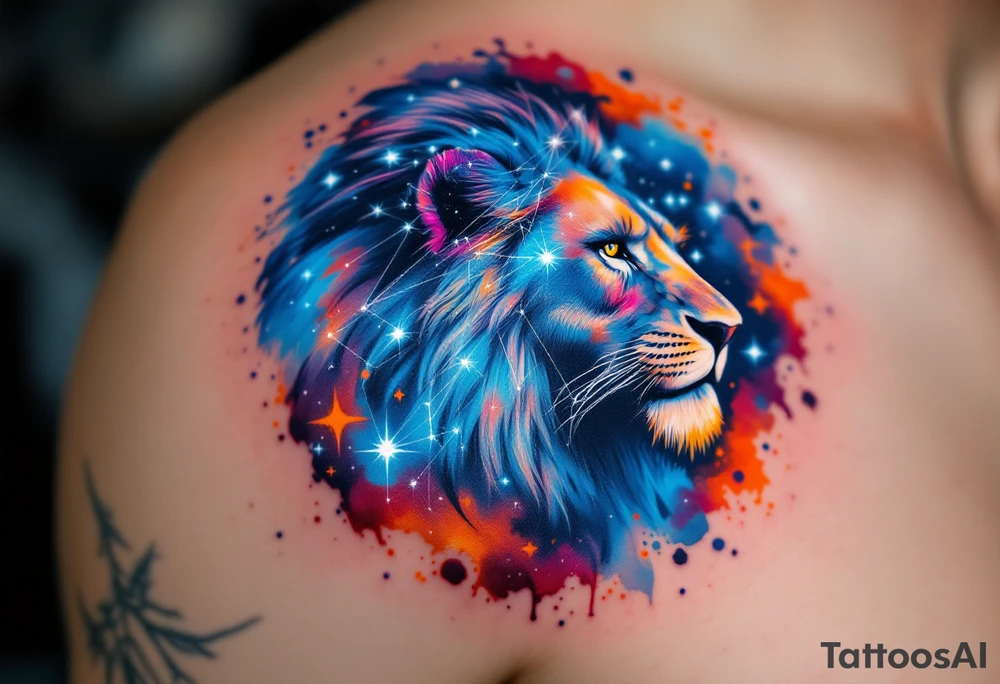 A fierce lion outlined in stardust white roams across a watercolor canvas of midnight blues and fiery oranges with bold Lion star constellation tattoo idea