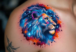 A fierce lion outlined in stardust white roams across a watercolor canvas of midnight blues and fiery oranges with bold Lion star constellation tattoo idea
