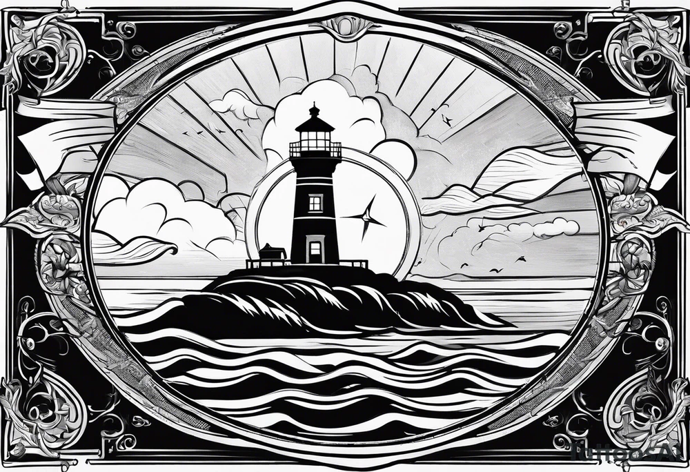 minimalist "open book" with a lighthouse in the middle and a clock and surrounded by storm and a banner on top tattoo idea