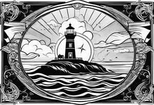 minimalist "open book" with a lighthouse in the middle and a clock and surrounded by storm and a banner on top tattoo idea