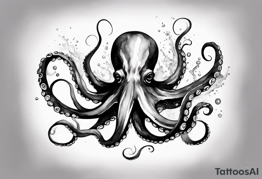 Using the watercolor technique to create a soft, flowing depiction of an octopus, with b and w that bleed outside the lines to represent the fluidity of water. tattoo idea