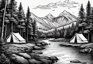 Pine forest with a river, a small tent with a campfire, and a deer tattoo idea