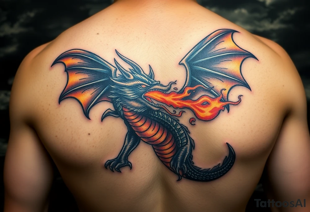 fierce dragon breathing iridescent fire against stormy skies tattoo idea
