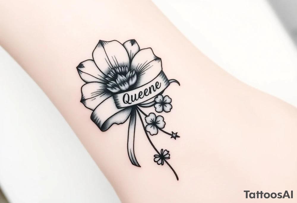 A beautiful flower with a card queen sign and a ribbon tied around the flower with queenie written on it joined by a  star and a four leaf clover tattoo idea
