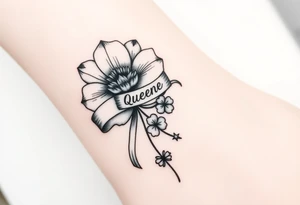 A beautiful flower with a card queen sign and a ribbon tied around the flower with queenie written on it joined by a  star and a four leaf clover tattoo idea