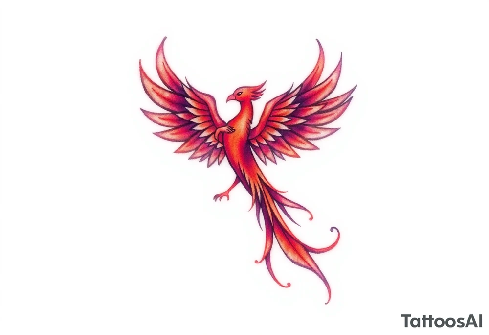 Phoenix rising from the ashes with the colors red, pink, orange and purple. Size 3 cm wide and 5 cm high tattoo idea