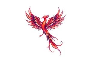 Phoenix rising from the ashes with the colors red, pink, orange and purple. Size 3 cm wide and 5 cm high tattoo idea