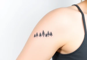 Row of trees fading into mist, mountains rising above. Forest represents struggle, peaks symbolize clarity. Minimalist tattoo idea